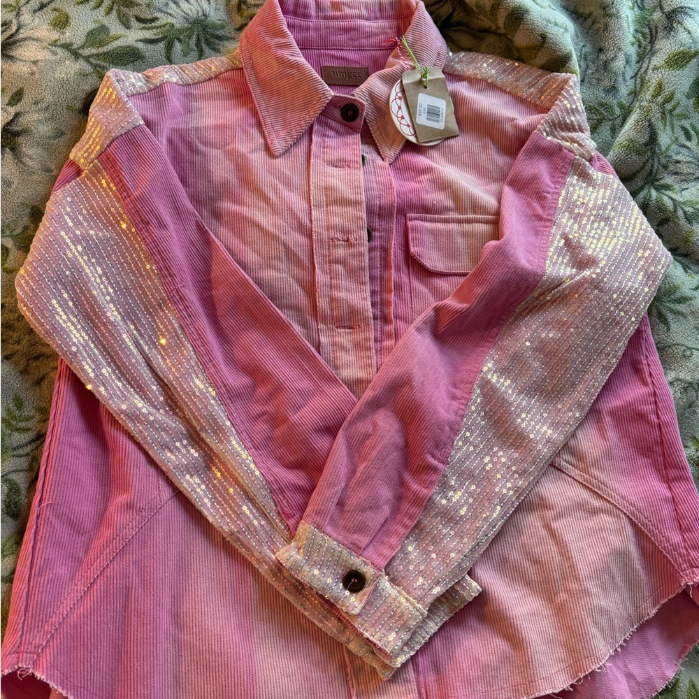Discontinued Umgee Pink Corduroy Shirt with Sequin Detail